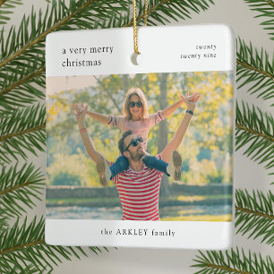 Ornement En Céramique Merry Christmas Minimal Simple White Family Photo