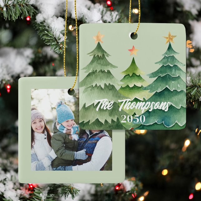 Ornement En Céramique Merry Christmas Photo Typography Newsletter (Christmas Tree Holiday Photo Ornament.)