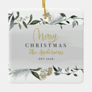 Ornement En Céramique Merry Christmas watercolor foliage Christmas