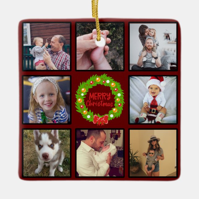 Ornement En Céramique Merry Christmas Wreath Custom Photo Collage (Devant)