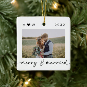 Ornement En Céramique Merry & Married Newlyweds Photo Keepsake