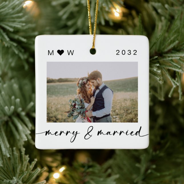 Ornement En Céramique Merry & Married Newlyweds Photo Keepsake (Arbre)