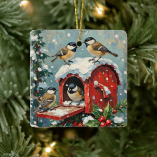 Ornement En Céramique Mésanges vintage sur boîte aux lettres de Noël enn