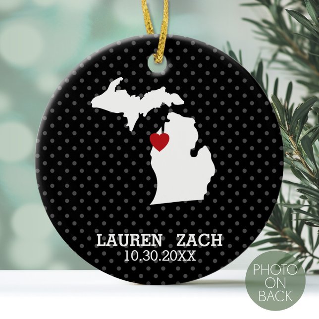 Ornement En Céramique Michigan Home State City Map - Mariage personnalis (Personalized Photo Ornament)