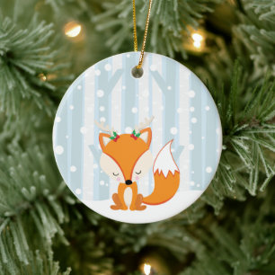 Ornement En Céramique Mignon renard de Noël en forêt