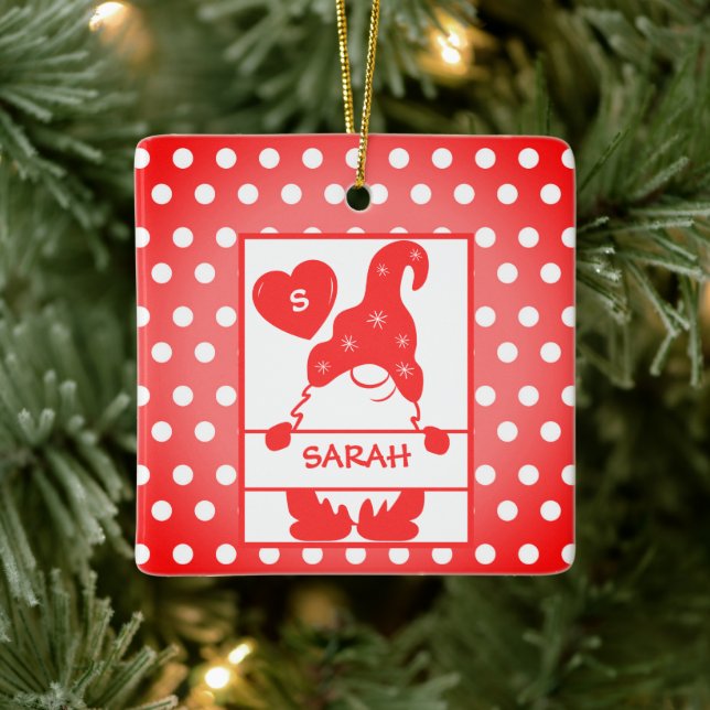 Ornement En Céramique Mignonne Gnome Pois Rouge Blanc Nom Année (Arbre)