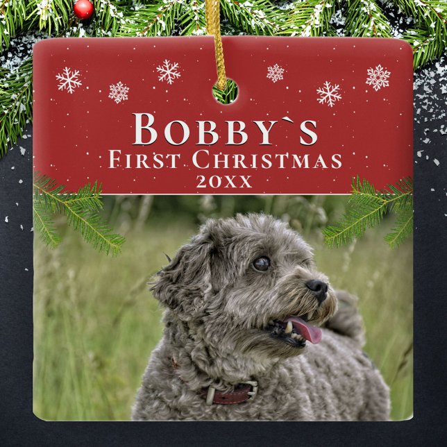 Ornement En Céramique Mignonne premier Noël Chiot rouge Photo Noël (Créateur téléchargé)