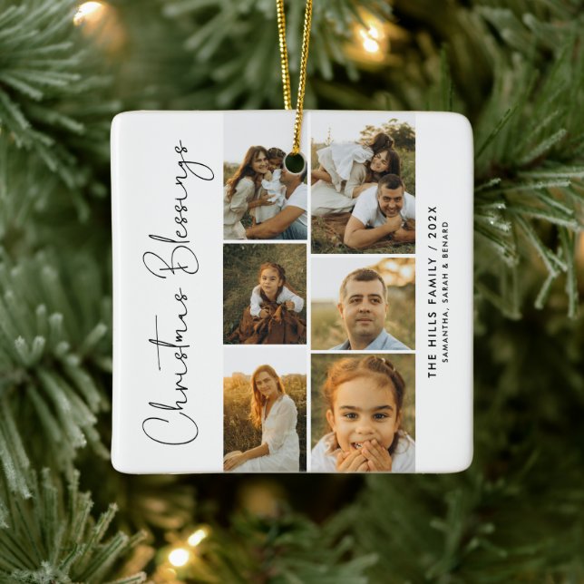 Ornement En Céramique Minimal Christmas Blessings Script Family 6 Photos (Arbre)