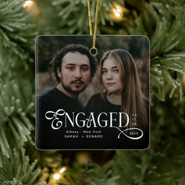 Ornement En Céramique Minimal Engaged Couples 2 Photos Stylish Christmas (Arbre)
