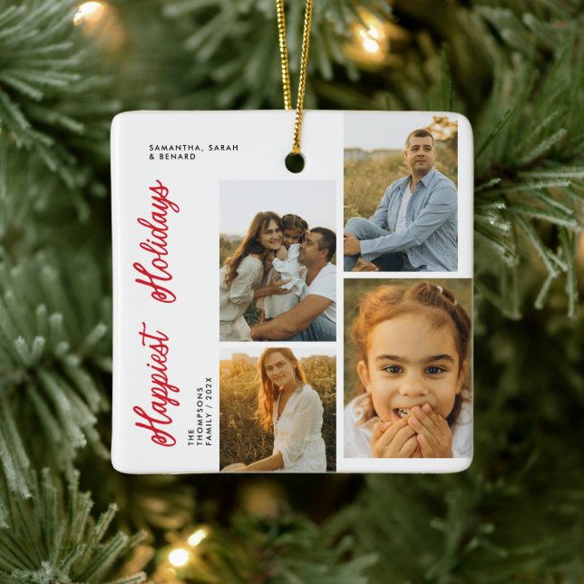 Ornement En Céramique Minimal Happiest Holidays Script Family 4 Photos (Arbre)