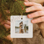Ornement En Céramique Minimal Modern Married & Merry Gold Script 2 Photo<br><div class="desc">Minimal and modern simple photo keepsake photo ornament to commemorate your first Christmas married. The design features a simple minimal design with a square photo design to display your special wedding photo. "Married & Merry", year and couple's name displayed in a simple modern design around the photo. Two photo ornament...</div>