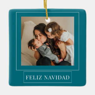 Ornement En Céramique Minimaliste Feliz Navidad Photo de Noël Turquoise