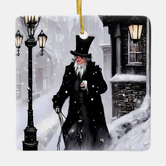 Ornement En Céramique Misère Ebenezer Scrooge Snowy Victorian Street (Devant)