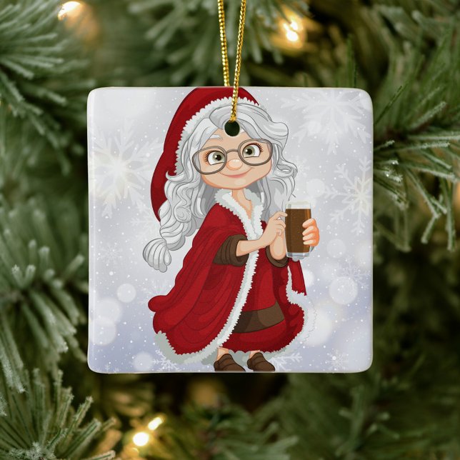 Ornement En Céramique Mme Claus (She has long wavy gray hair and large glasses, holding a drink in hand!)