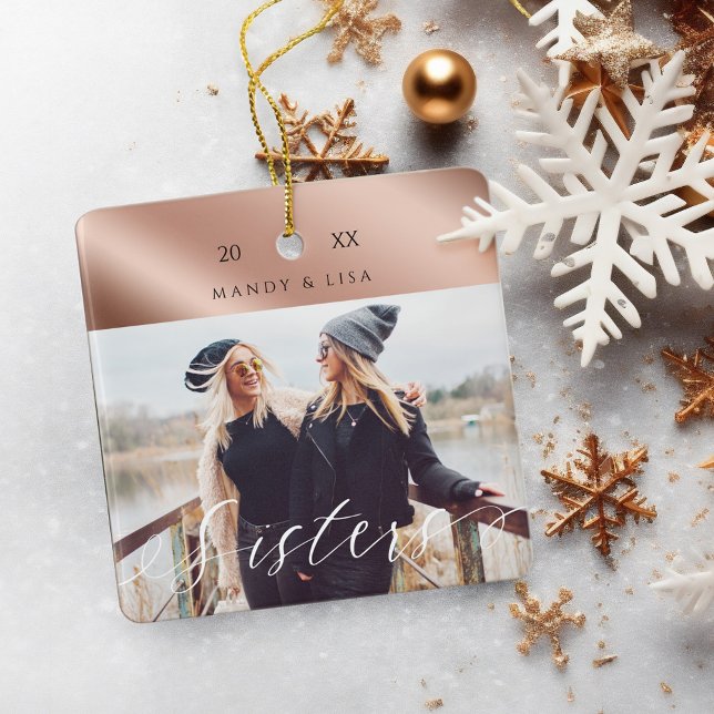 Ornement En Céramique Modern & Elegant Shear Rose Gold Sister Photo (Modern & Elegant Shear Rose Gold Sister Photo Ceramic Ornament)
