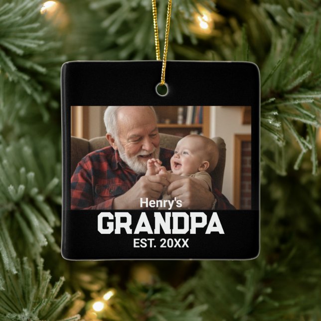 Ornement En Céramique Modern Grandpa Est. Name Year Photo Black (Arbre)