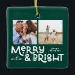 Ornement En Céramique Modern minimal typography 2  photo Christmas  Cera<br><div class="desc">All may not be calm but all can still be bright with this fun modern colorful Christmas card. With space for 2 square photographs,  available in a selection of colours.</div>