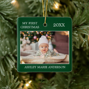 Ornement En Céramique Modern My First Christmas Baby Photo Green
