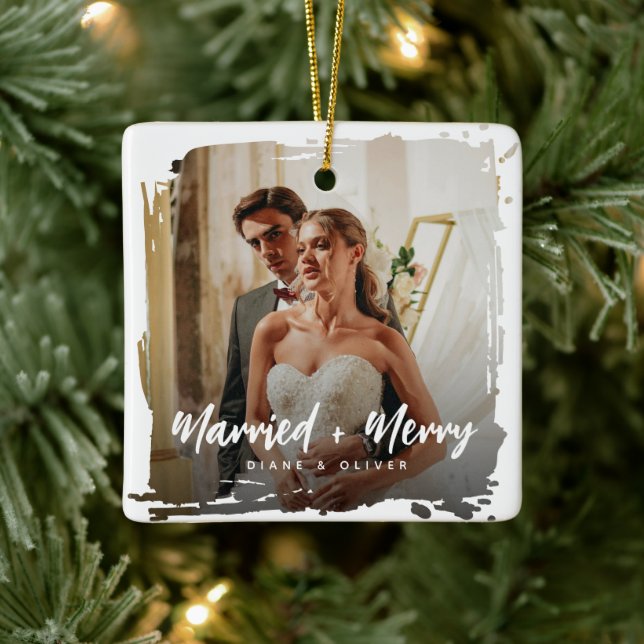 Ornement En Céramique Modern Smudge Newlyweds Photo Married + Merry (Arbre)