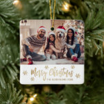 Ornement En Céramique Modern Snowflake Gold and White Photo Christmas<br><div class="desc">Modern Elegant Script Snowflake Gold and White Photo Merry Christmas Script Holiday Ceramic Ornament. Features one) photo template „Merry Christmas” text. The „Merry Christmas” greeting text is written in a beautiful hand lettered whimsical font script and around gold snowflakes on white background. This Ceramic Ornament Cute gift for your family...</div>