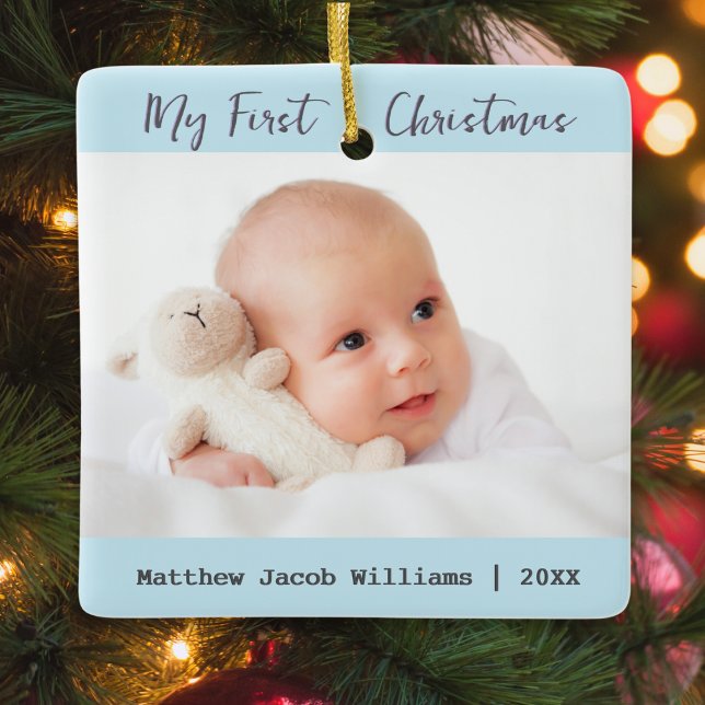 Ornement En Céramique Moderne 2 Photos Baby's First Christmas Keepsaké (A personalized Christmas tree ornament for baby's first Christmas, with custom photos and text)