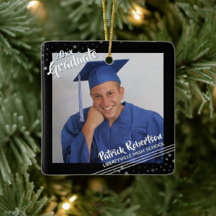 Ornement En Céramique Moderne Graduate 2 Photos Brush Script Black Stars