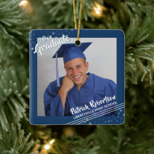 Ornement En Céramique Moderne Graduate manuscrit Nom photo Bleu