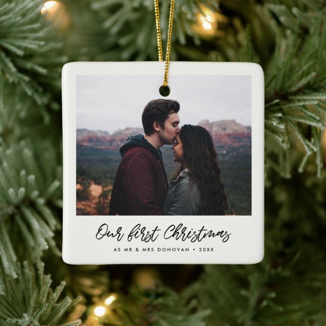 Ornement En Céramique Moderne manuscrit Notre première photo de Noël (Arbre)