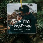 Ornement En Céramique Moderne Notre première photo mariage de Noël<br><div class="desc">Une typographie moderne pour cette collection d'ornements photo. Pour customiser avec votre photo préférée. Vous pouvez aussi facilement changer la couleur de la police à votre goût.</div>