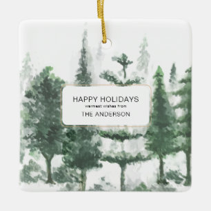 Ornement En Céramique Moindre photo de la forêt d'aquarelle de Noël