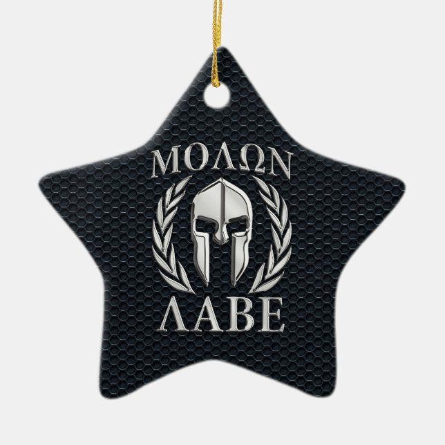 Ornement En Céramique Molon Labe Chrome Comme Casque Spartan sur Grille (Devant)