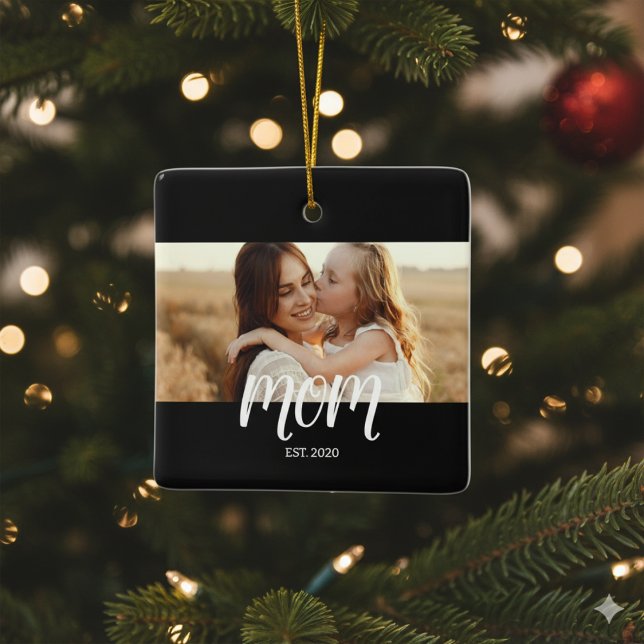 Ornement En Céramique Mom Established Black White Script Photo  (Créateur téléchargé)