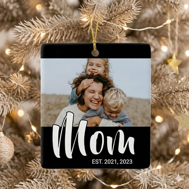 Ornement En Céramique Mom Established Black White Script Photo (Mom Established Black White Script Photo Ceramic Ornament)