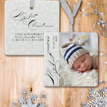 Ornement En Céramique Mon 1er Script de Noël Flocon de neige vertical<br><div class="desc">Mon premier ornement photo de Noël avec photo verticale, calligraphie élégante et délicats flocons blancs sur une bordure gris argenté. Le modèle photo est prêt pour vous à ajouter votre photo, le nom du bébé, l'année et votre texte personnalisé au dos. À l'exception du texte manuscrit utilisé pour Mon 1er...</div>