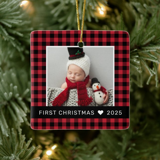 Ornement En Céramique Mon premier Noël Red Buffalo Plaid Baby Photo (Arbre)