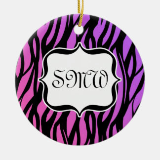 Ornement En Céramique Monogramme à rayures de zèbre rose et violet chaud