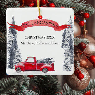 Ornement En Céramique Monogramme, Camion Rouge Vintage Vacances, Forêt