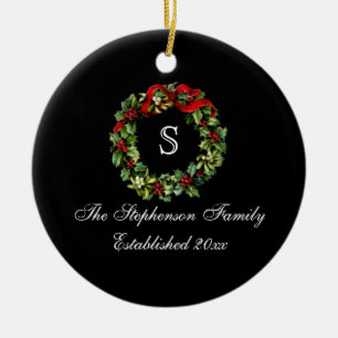 Ornement En Céramique Monogramme classique Holly Wreath Fête de Noël