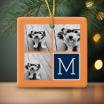 Ornement En Céramique Monogramme de collection de photos orange et marin<br><div class="desc">Oranges vibrantes et bleu foncé - Utilisez 3 photos carrés pour créer un cadeau unique et personnel. Ou vous pouvez garder le chiot hipster et faire un gardien branché. Si vous avez besoin d'ajuster les images,  cliquez sur l'outil personnaliser pour apporter des modifications.</div>