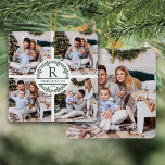 Ornement En Céramique Monogramme de Noël 5 photo<br><div class="desc">Cet élégant ornement de Noël personnalisé et moderne comprend 4 photos à l'avant et une à l'arrière. Au centre sur le devant se trouve une couronne fractionnée avec une initiale monogramme,  le nom de famille et l'année.</div>