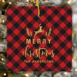 Ornement En Céramique Monogramme de Noël Joyeux Plaid Buffalo<br><div class="desc">Buffalo Plaid Joyeux Monogramme de Noël Ornement métallique</div>