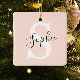Ornement En Céramique Monogramme de nom personnalisé moderne rose pastel