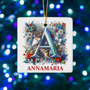 Ornement En Céramique Monogramme de rennes de Noël A avec nom personnali
