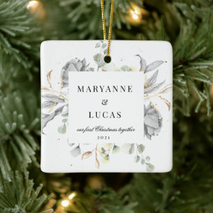 Ornement En Céramique Monogramme floral d'argent dramatique Premier Noël