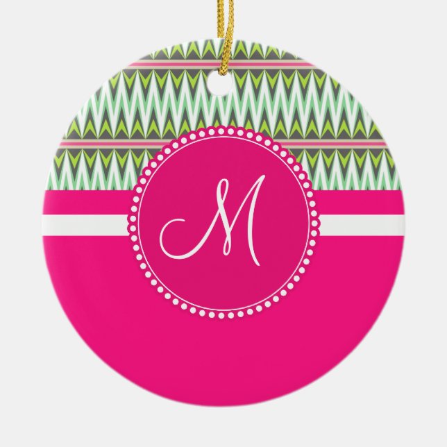 Ornement En Céramique Monogramme Hot rose vert aztèque Andes Tribal Zig  (Devant)