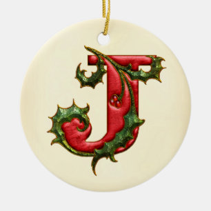 Ornement En Céramique Monogramme J de houx de Noël