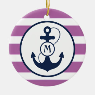 Ornement En Céramique Monogramme nautique pourpre d'Ancre