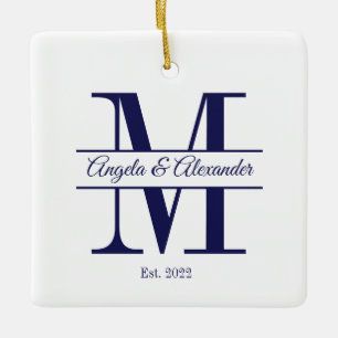 Ornement En Céramique Monogramme partagé de mariage bleu marine minimali