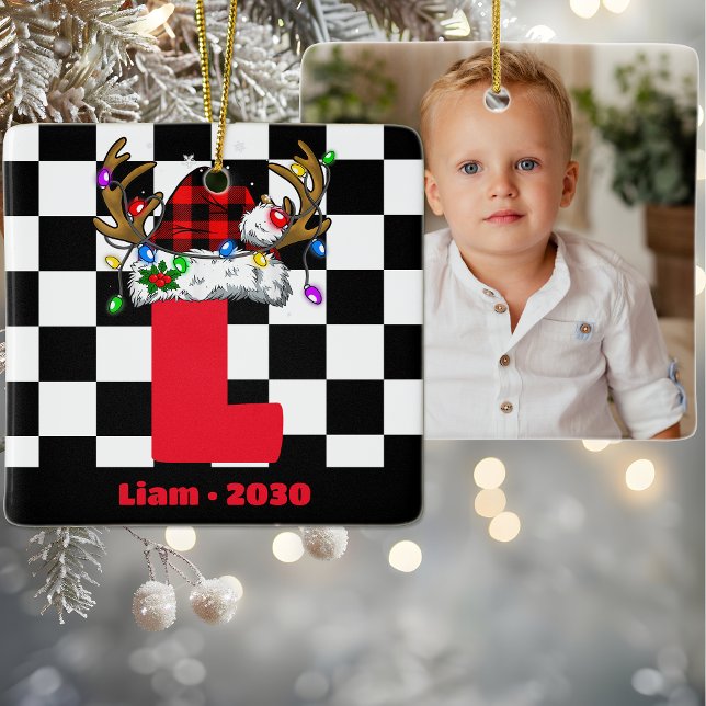 Ornement En Céramique Monogramme Personnalisé Avec Nom Famille Noël (Créateur téléchargé)