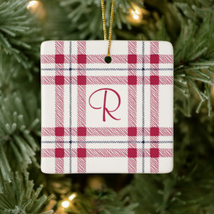 Ornement En Céramique Monogramme Plaid Red Farmhouse Pays Noël